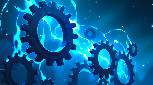 A digital artwork featuring multiple dark metallic gears silhouetted against a glowing blue electric or fiery background with small white star-like specks scattered throughout.