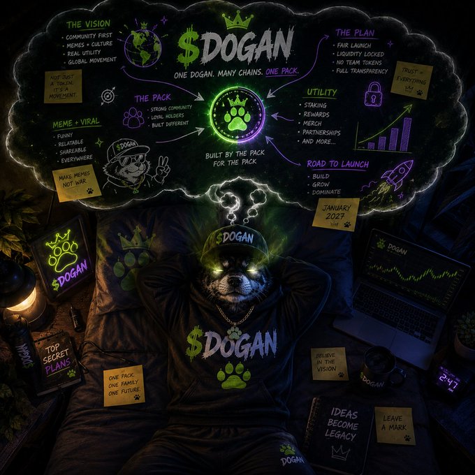 A vibrant promotional graphic for the $DOGAN cryptocurrency token featuring a dog wearing a cap with glowing eyes, surrounded by a mind-map detailing 'THE VISION,' 'THE PLAN,' 'THE PACK,' 'UTILITY,' 'MEME + VIRAL,' and a 'ROAD TO LAUNCH' slated for January 2027.