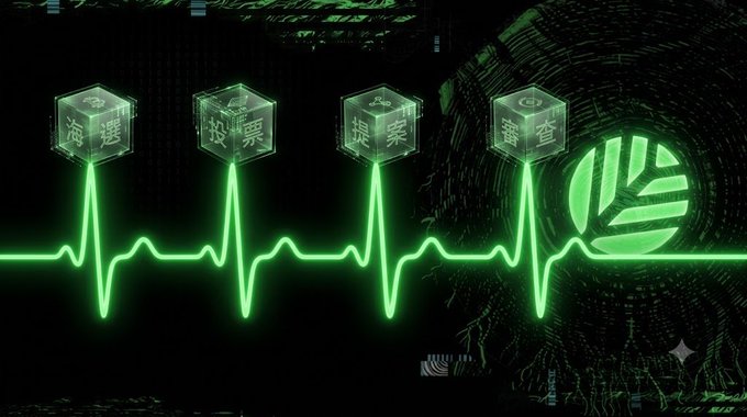 A digital graphic featuring four glowing green cubes labeled with Chinese characters "海選," "投票," "提案," and "審查" (meaning audition, voting, proposal, and review) connected by an EKG-style heartbeat line against a dark tech-themed background, visually representing the step-by-step consensus process of CNPY Network's NestBFT blockchain protocol.