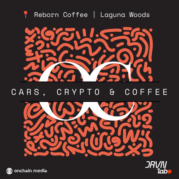 A promotional graphic for "Reborn Coffee | Laguna Woods" features an orange and black patterned QR code design with the text "CARS, CRYPTO & COFFEE" and logos for "onchain media" and "JRVNN lab".