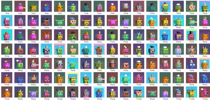 A grid of 96 unique pixel art character portraits, each numbered sequentially from 1.png to 96.png, displayed against vibrant solid-color backgrounds. The characters showcase various traits, colors, and accessories, fitting the post's description of an upcoming pixel art NFT collection by @ComboX_World with 5,000 supply and 200+ traits.