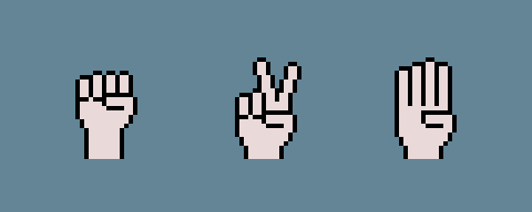 A pixel art image displaying three white hands on a blue background: a fist, a peace/victory sign, and a raised open palm.