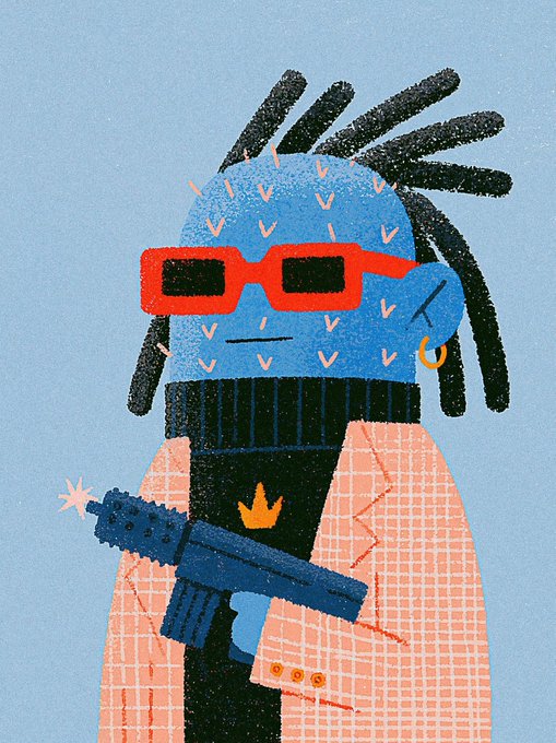 An illustrated character portrait of a figure with dreadlocks wearing red rectangular sunglasses, a blue face mask, and a checkered peach blazer while holding a stylized gun.