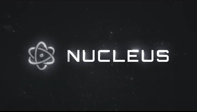 A minimalist logo display for 'NUCLEUS' featuring a stylized atom symbol with orbital rings on a dark background.