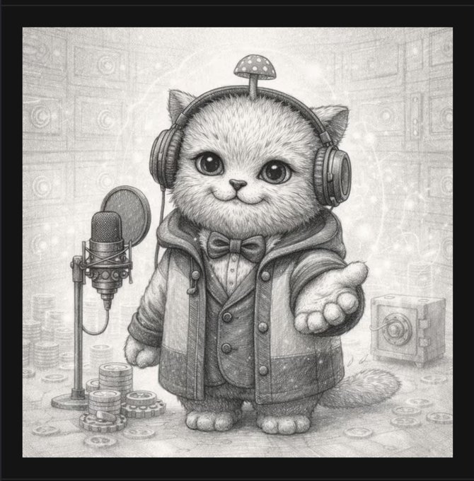 A black and white pencil-style illustration of a cute cat character wearing headphones, a mushroom on its head, and a suit with bowtie, standing next to a microphone amid stacks of coins.