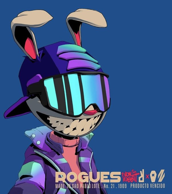 A stylized, neon-lit illustration of a menacing bunny character wearing a backwards cap and glowing blue goggles appears against a deep blue background, with text reading "ROGUES," "SNOW ROBOT," and "MADE IN SAO PAULO LOTE: No. 21, 1909 PRODUCTO VENCIDO" at the bottom. The artwork visually embodies the post's bullish sentiment on Rogues, presenting the brand through a bold, edgy mascot that conveys long-term confidence in its identity.