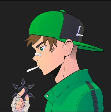 An anime-style character with brown hair and a bandage on his cheek, wearing a green and black snapback cap with "L" branding, smokes a cigarette while holding a shuriken (throwing star), set against the "KATANA" project update post featuring the Japanese kanji 刀 (sword) and 侍 (samurai).