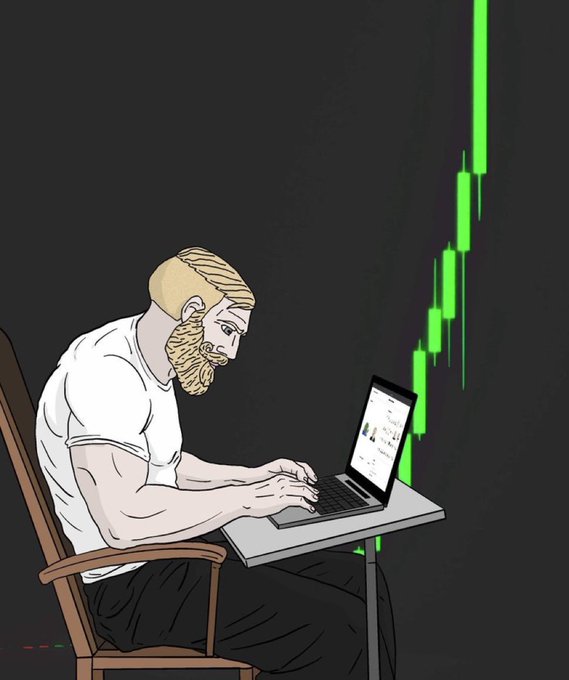 A bearded man intensely types on his laptop at a desk, with a rising green candlestick chart soaring behind him against a dark background, symbolizing hopeful bullish crypto market action in response to the "GM Degen bros" prayer for a green market.