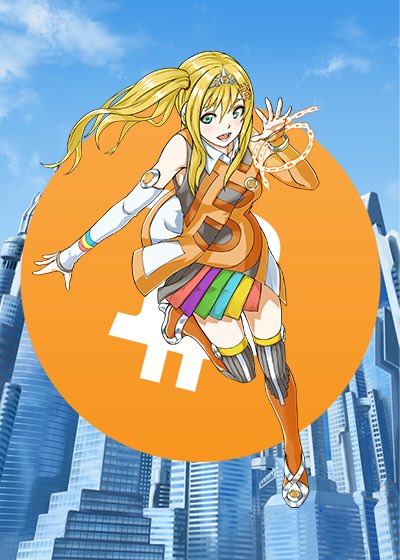 An anime-style illustration of a blonde woman with pigtails wearing a white and orange outfit with a rainbow-colored skirt, posing in mid-air in front of a large orange circle with a 'u' logo, set against a futuristic blue cityscape.