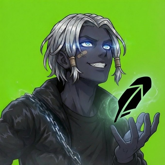 An anime-style illustration of a character with white/silver hair and glowing blue eyes, wearing dark clothing with a chain, smiling menacingly against a bright green background with a stylized "F" logo.