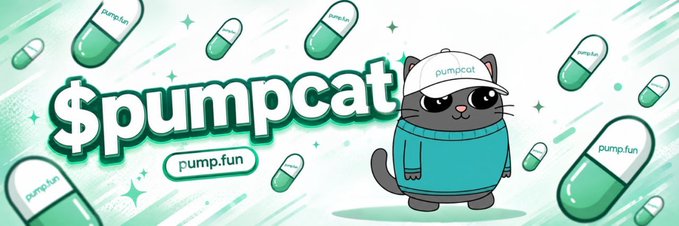 A cartoon gray cat wearing a white "pumpcat" cap and teal shirt stands beside the bold text "$pumpcat" with "pump.fun" displayed below, surrounded by floating green pill-shaped capsules branded "pump.fun." The image serves as promotional artwork for the $PUMPCAT memecoin shared in the post, reflecting the playful, pill-themed branding associated with the pump.fun platform.