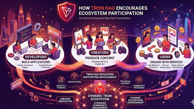 The image features a cartoon-like depiction of an ecosystem with various elements representing different roles within it. The text at the bottom suggests that this ecosystem requires participation from individuals with diverse skills, interests, and expertise. It could be interpreted as a visual representation of TRON DAO's principles or its purpose in encouraging active participation among users.
