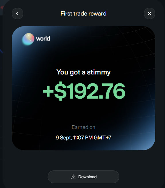 A "First trade reward" notification from World (world_xyz) showing a "+$192.76" stimmy earned on 9 Sept at 11:07 PM GMT+7. The image captures a screenshot celebrating the user's initial trading reward on the Web3 platform.