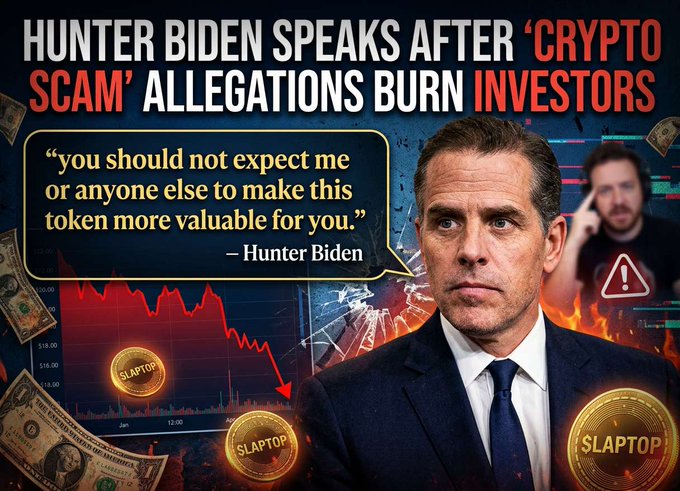 A political news graphic headlined 'HUNTER BIDEN SPEAKS AFTER 'CRYPTO SCAM' ALLEGATIONS BURN INVESTORS,' featuring a quote about token value, a declining red stock chart, '$LAPTOP' crypto coins, burning dollar bills, and portraits of Hunter Biden.