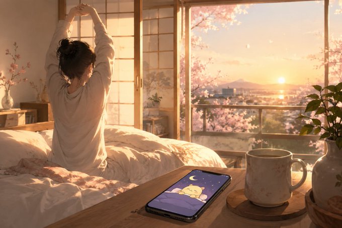 The image features a woman sitting on a bed with her arms raised, possibly stretching or getting ready for the day. Next to her on the bed are two items - a cell phone displaying a cartoon character and a coffee cup. The scene suggests that she is enjoying some leisure time in her bedroom before starting her day.