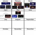 The image shows a calendar with months listed across four rows and three columns. The calendar displays various movie titles for different months, including "January", "February", "March", and "April". The calendar also includes information about some movies that were released in those months, such as "Stargate Finance" and "Brought to Solana". Additionally, the image contains a caption that reads: "Take a few minutes to seriously contemplate what the ecosystem shipped in only 5 months. [0.12, 0.73, 0.87, 0.86]".