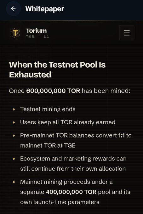 A whitepaper screen for 'Torium TOR L1' titled 'When the Testnet Pool Is Exhausted', detailing that mining ends after 600,000,000 TOR is mined.