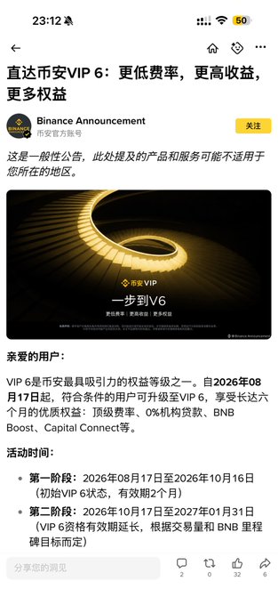 The image shows a Binance announcement titled "直达安安VIP6：更低费率，更高收益，更多权益" (Direct to VIP6: Lower Fees, Higher Returns, More Benefits), promoting a program starting August 17, 2026, that allows qualifying users to skip levels and upgrade directly to VIP6 status with perks like fee discounts, 0% institutional loans, BNB Boost, and Capital Connect. The post highlights this as a valuable opportunity for high-volume traders to bypass the typical tier-climbing process and immediately access VIP6 benefits.