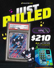 A product advertisement shows 'JUST PULLED' themed Pokemon trading card bundles and a 9-pack box priced at $210, available 8.4.24 6:00 PM on collector.com.