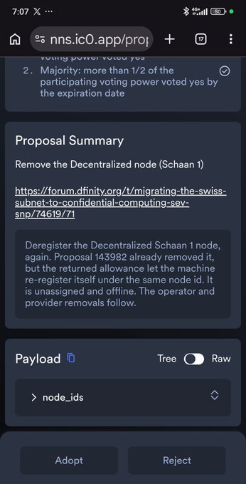 A mobile screenshot of a Decentralized Network proposal page to deregister a node (Schaan 1), showing options to Adopt or Reject.