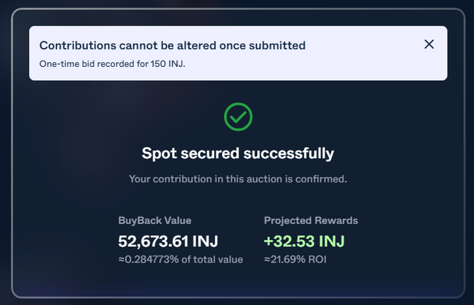 A confirmation screen showing 'Spot secured successfully' with a one-time bid recorded for 150 INJ, displaying a BuyBack Value of 52,673.61 INJ and Projected Rewards of +32.53 INJ (~21.69% ROI).