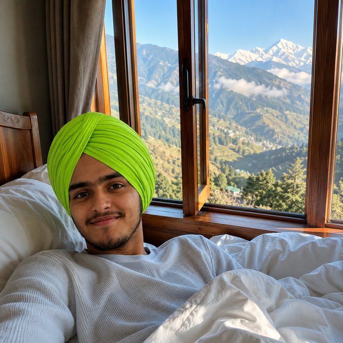 A young man wearing a bright green turban and white sweater lies in bed, smiling with a scenic mountain view visible through the window behind him.