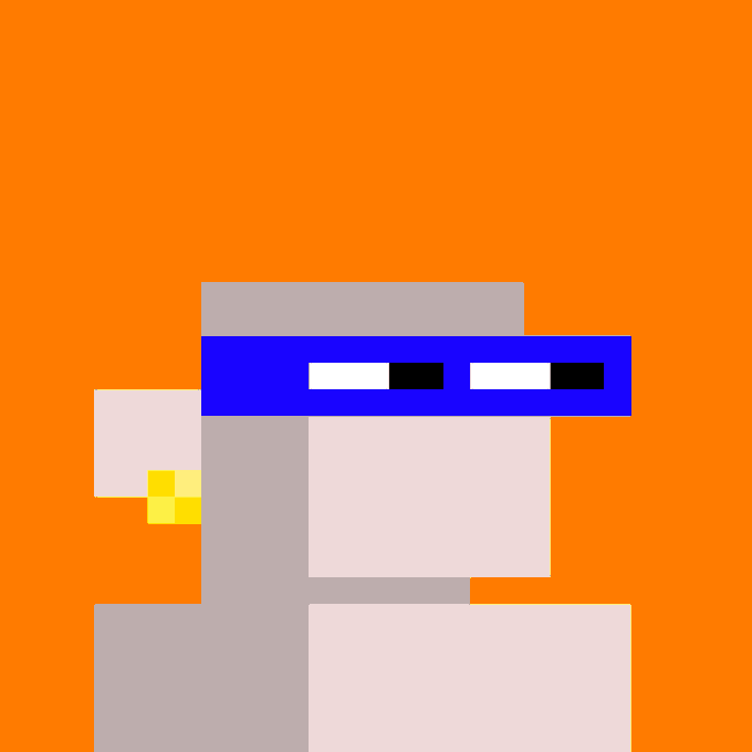 A simple pixel-art figure wearing a purple headband with rectangular glasses on an orange background.