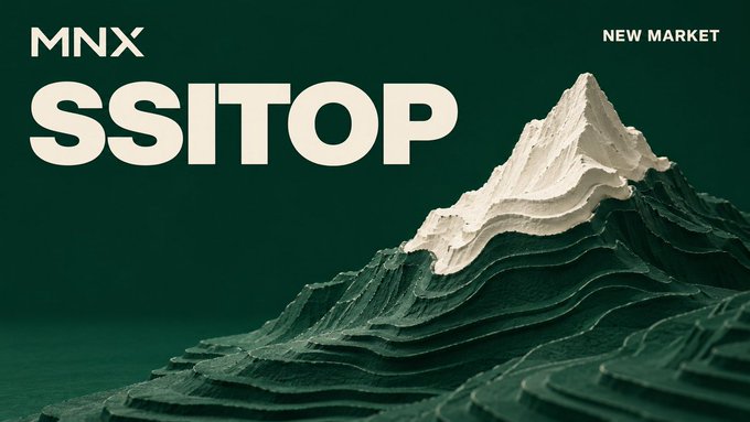 A promotional banner for a new MNX market labeled 'SSITOP' featuring a stylized 3D rendering of a snow-capped mountain against a dark green background.