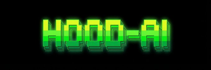 A pixelated green and yellow 'HOOD-FI' logo on a black background.