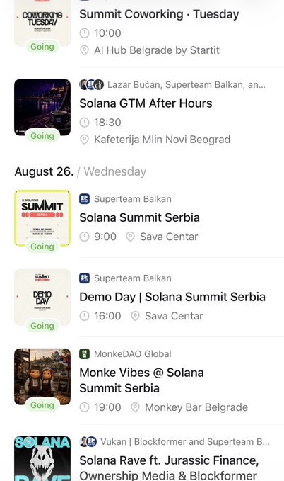 A list of events including 'Summit Coworking · Tuesday' and multiple 'Solana Summit Serbia' events on August 26 at locations like AI Hub Belgrade, Sava Centar, and Kafeterija Mlin Novi Beograd.