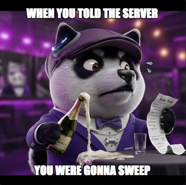 A humorous meme featuring a 3D-rendered panda bartender looking anxious and sweating while holding a spilling bottle and a bar tab, with text reading 'WHEN YOU TOLD THE SERVER YOU WERE GONNA SWEEP'.