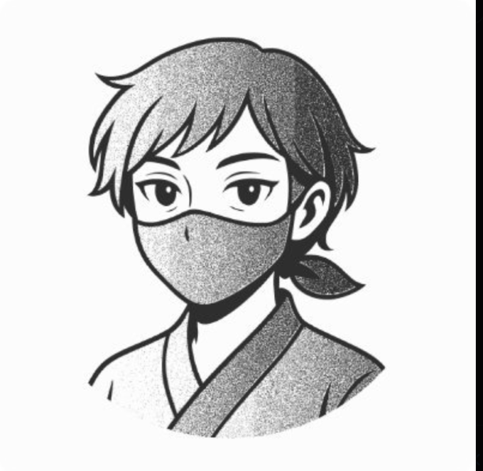 A grayscale sketch of an anime character with short hair, wearing a face mask and traditional clothing.