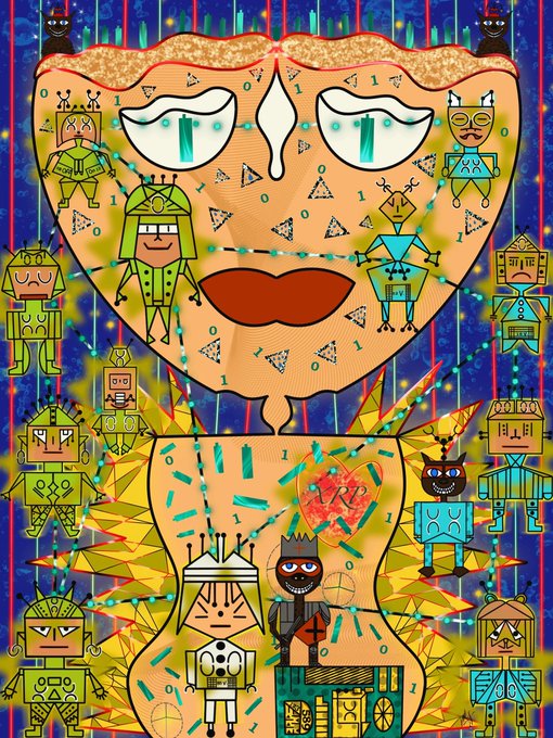 Colorful, psychedelic digital artwork depicting a large abstract face surrounded by various cartoonish robot and humanoid figures against a blue starry background.