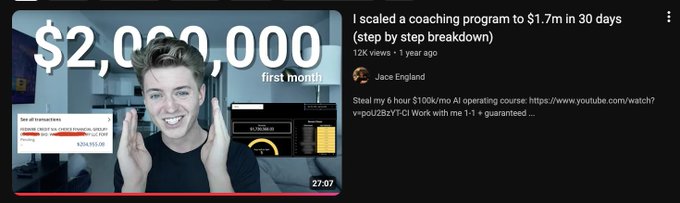 A YouTube video thumbnail featuring a smiling man with text reading '$2,000,000 first month' and the title 'I scaled a coaching program to $1.7m in 30 days (step by step breakdown)' by Jace England.