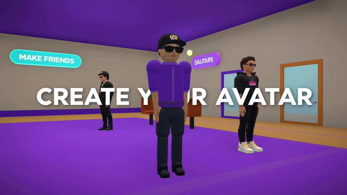 The image features three people standing together in front of a purple background with white text that reads "Make friends". The first person is wearing sunglasses and has a hat on their head. The other two individuals are also wearing hats, suggesting they might be part of an online gaming community or social event where they interact with each other through the Solvatars.