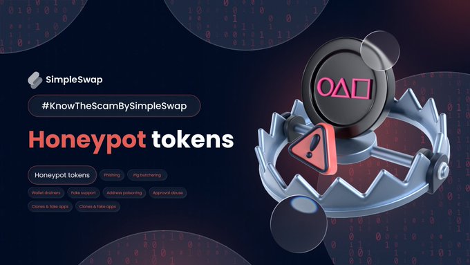 A promotional graphic from SimpleSwap featuring a 3D bear trap illustration next to a black puck with "Honeypot tokens" as the headline and "#KnowTheScamBySimpleSwap" below the SimpleSwap logo, visually reinforcing the warning that these fraudulent tokens trap buyers by allowing purchases but preventing any sales.