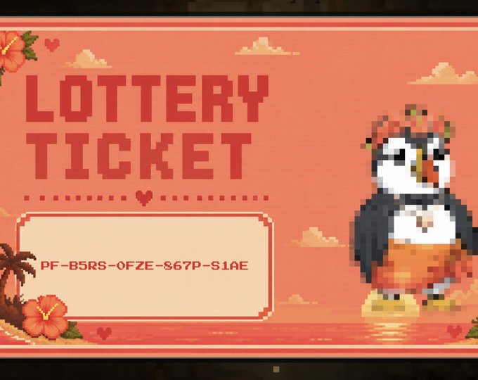 Pixel art styled 'LOTTERY TICKET' with a peach/coral background featuring an owl character, palm trees, and the code 'PF-B5RS-OFZE-867P-S1AE'.