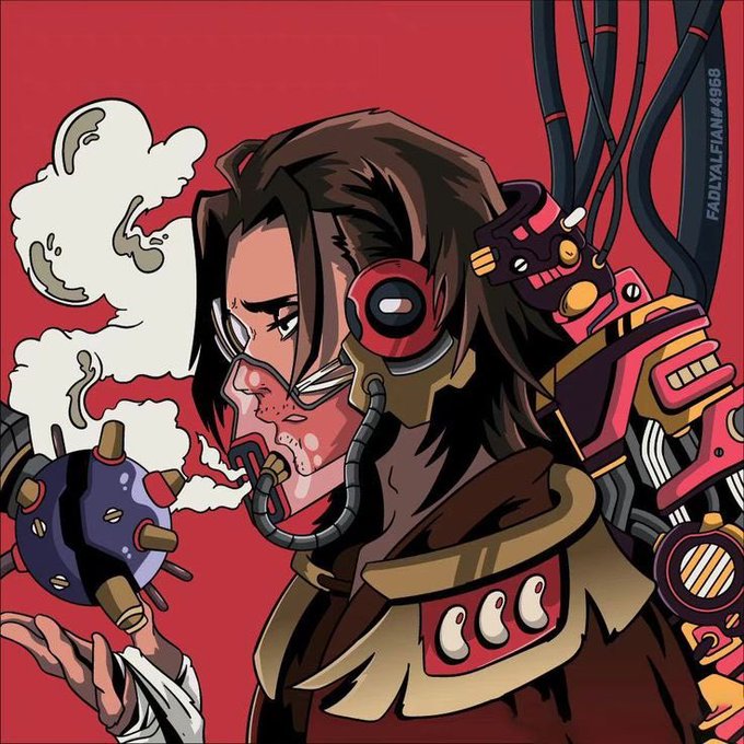 A stylized digital illustration by 'FADLYALFIAN#1958' depicting a cyborg character with mechanical implants, cables, and a respiratory mask, holding a spiked spherical device emitting smoke against a red background.