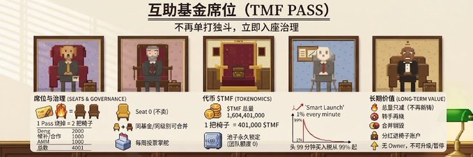 A Chinese infographic explaining '互动基金席位 (TMF PASS)' with cartoon characters illustrating seats, governance, tokenomics, long-term value, and a smart launch schedule.