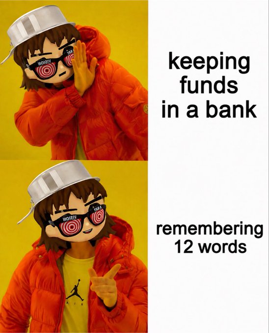 A two-panel meme featuring an anime character in an orange jacket and bucket hat with spiral sunglasses; top text reads 'keeping funds in a bank' and bottom text reads 'remembering 12 words'.