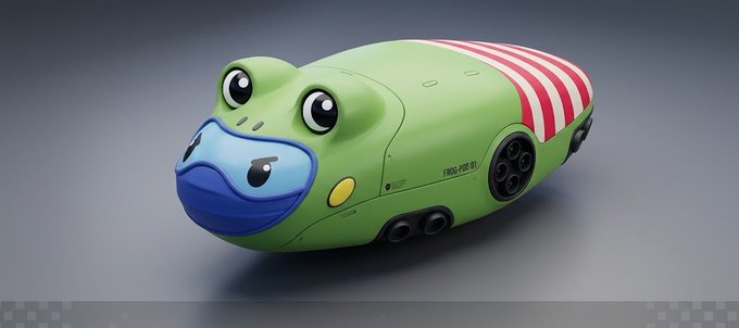 A green frog-themed toy car with red and white striped racing accents and a blue frog face on the front.