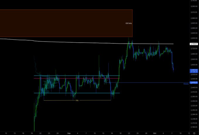 A financial trading chart displays price movements with candlestick patterns, featuring labeled lines for 'OB Daily' and 'FVG', with price levels ranging roughly between 2,330 and 2,970.