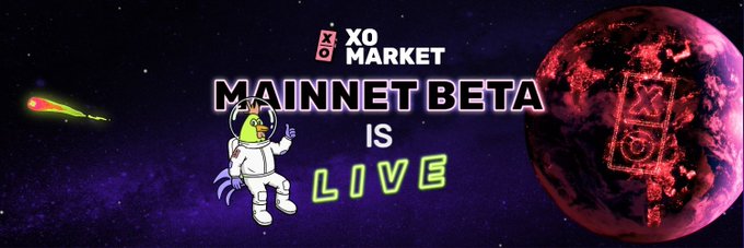 A promotional graphic reading "XO MARKET MAINNET BETA IS LIVE" featuring a cartoon parrot astronaut in space beside a red planet.