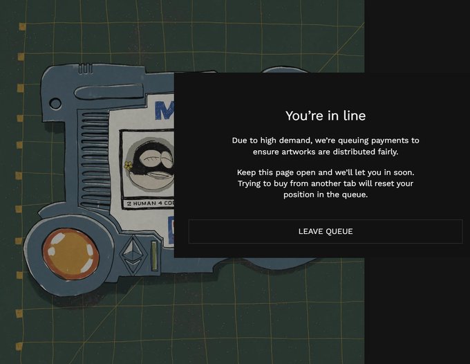 A queue waiting screen displays "You're in line" with a message about high demand, alongside an illustration of a mechanical device holding a card featuring a masked character with "HUMAN #" visible.