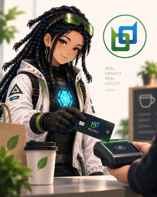 An anime-style character with braided hair and a white hoodie makes a card payment using a 'BELDEX' card at a terminal, with a coffee cup visible and promotional text reading 'REAL PRIVACY REAL UTILITY'.
