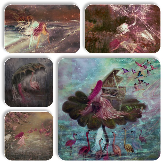 A collection of five surreal, dreamlike digital artworks featuring ethereal female figures in flowing pink and white dresses surrounded by flamingos, butterflies, and grand pianos, with a magical, fantasy aesthetic that complements the post's reference to "pure magic."