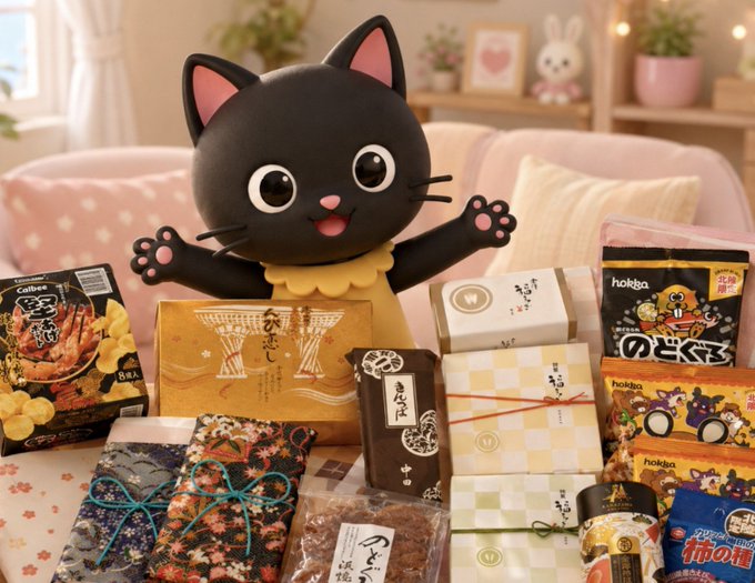 A display of Japanese snacks and treats arranged around a black cat plush toy on a pink couch, featuring brands like Calbee, Hokga, and Pokka.