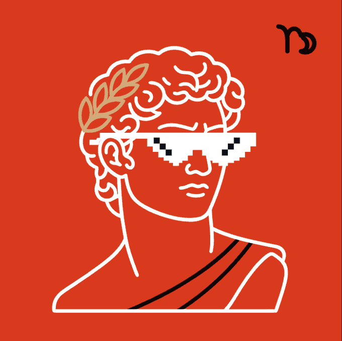 A stylized line drawing on a red background of a figure resembling a Greek statue wearing pixelated 'thug life' sunglasses and a golden laurel wreath, with a Capricorn zodiac symbol in the top right corner.