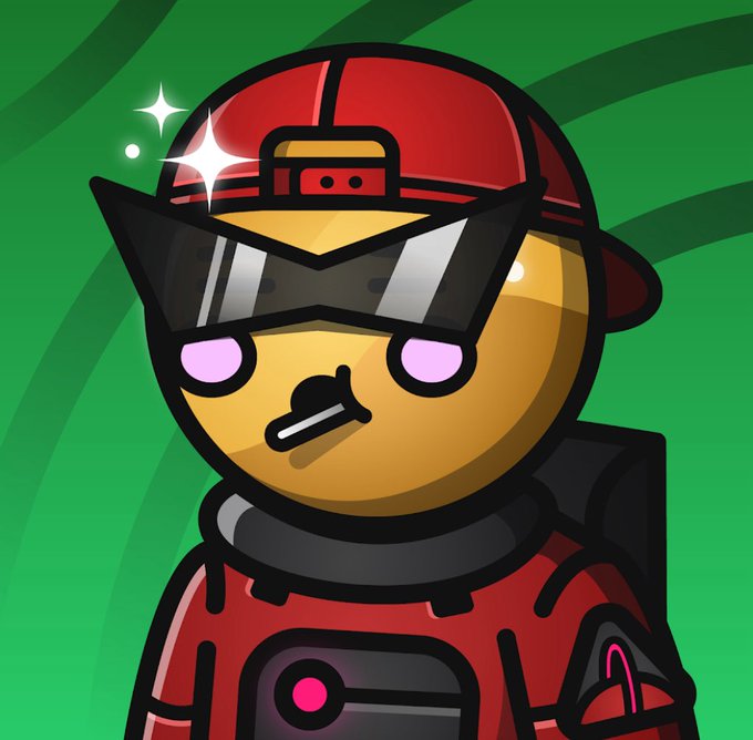 A cartoon illustration of an anthropomorphic yellow emoji-like character wearing a red backwards cap, futuristic sunglasses, and a red and black outfit against a green striped background.