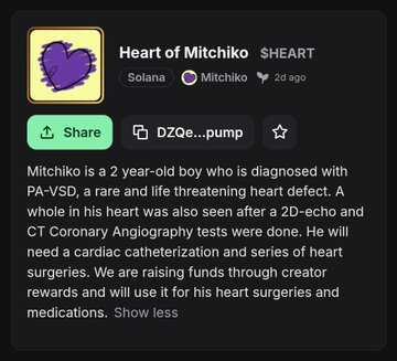 A screenshot of a GoFundMe-style fundraising page titled 'Heart of Mitchiko' ($SHEART on Solana) seeking funds for a 2-year-old boy named Mitchiko diagnosed with a rare heart defect requiring cardiac catheterization and surgeries.